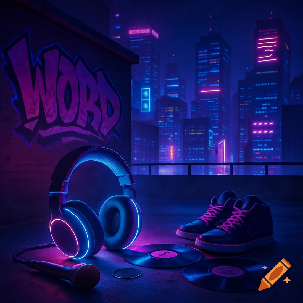 Neon-lit urban rooftop scene with glowing headphones, microphone, vinyl records, sneakers, and "WORD" graffiti against a cityscape.