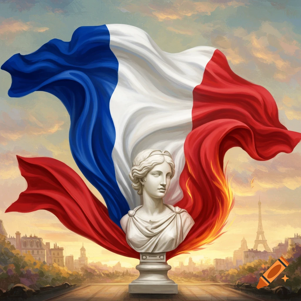 A classical bust in front of a flowing French flag, with the Eiffel Tower and Parisian buildings in the background, in a painterly style.