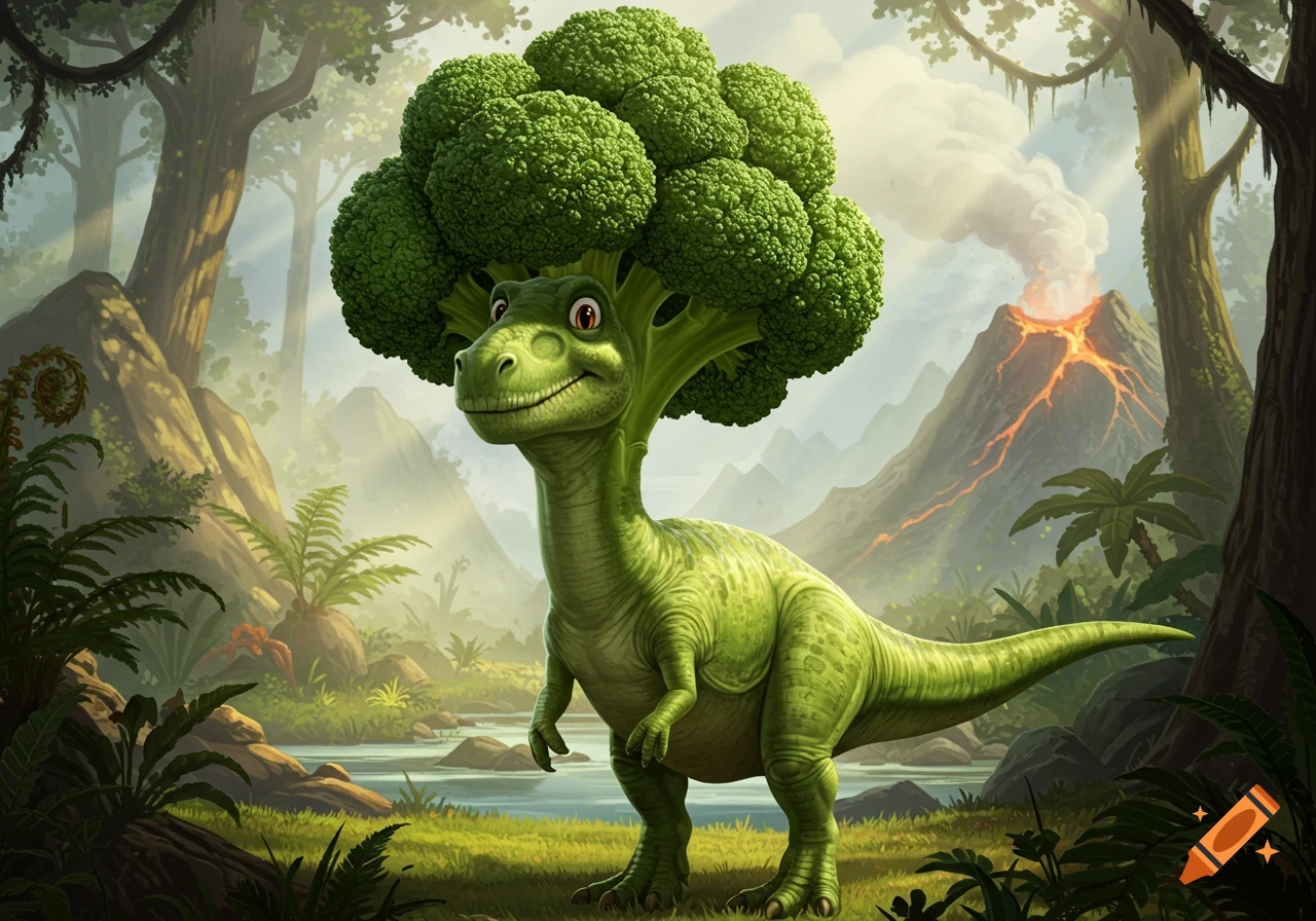 A cartoon green dinosaur with a head of broccoli for hair stands in a lush prehistoric jungle with a smoking volcano.