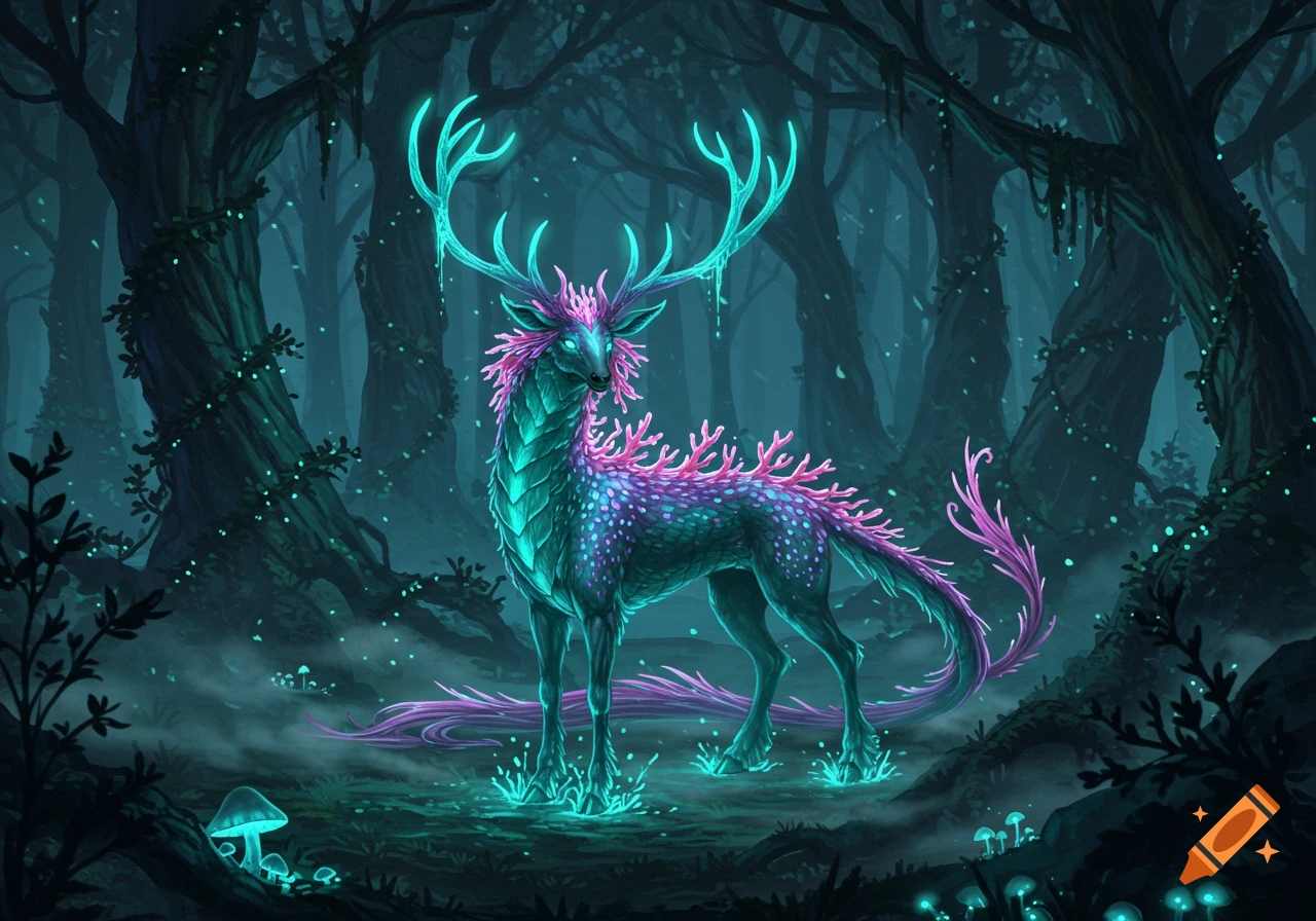 A majestic bioluminescent deer-like creature with glowing antlers and coral-like growths stands in a mystical dark forest.