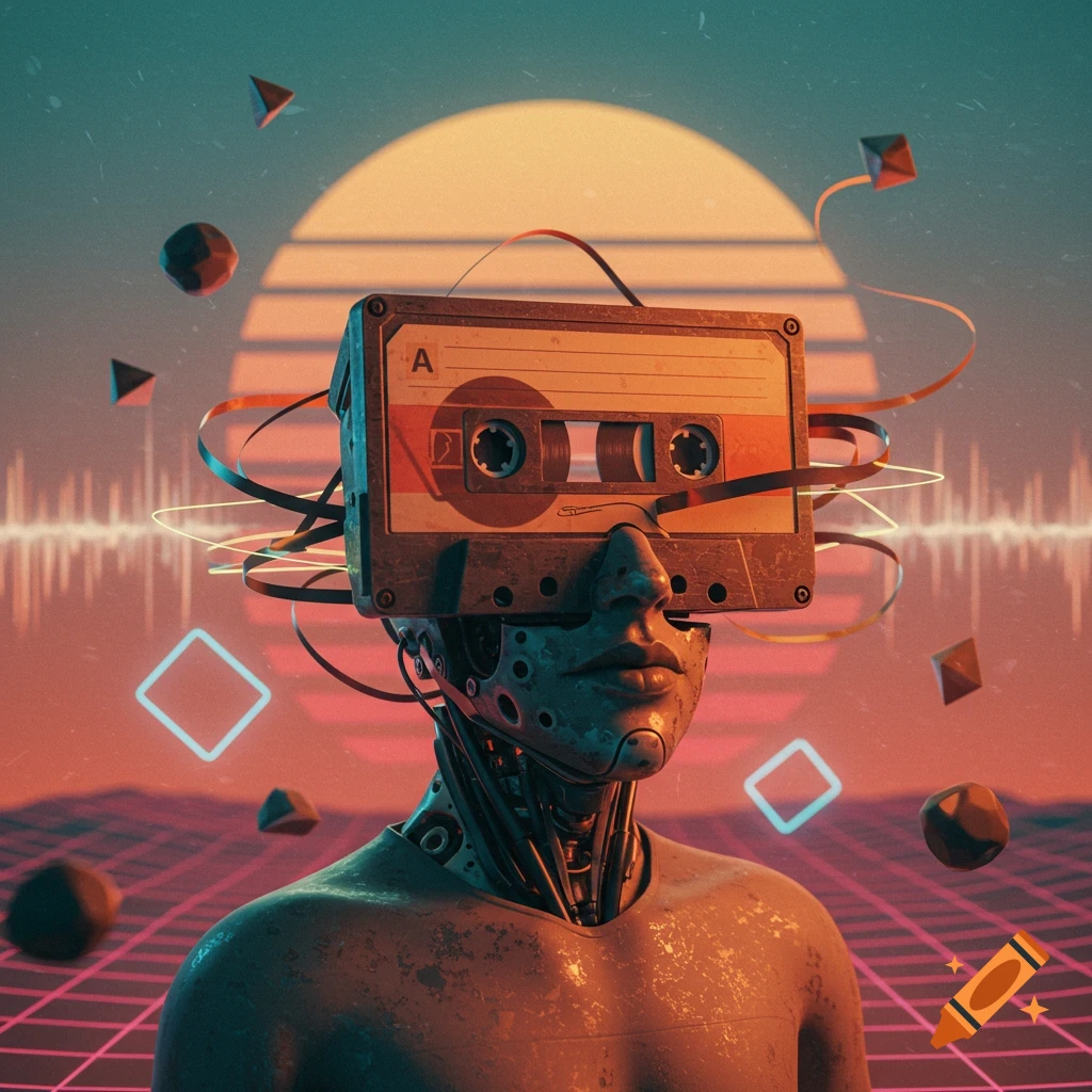 Retro-futuristic robotic bust with a cassette tape for a face, surrounded by tape, against a synthwave sunset grid background.