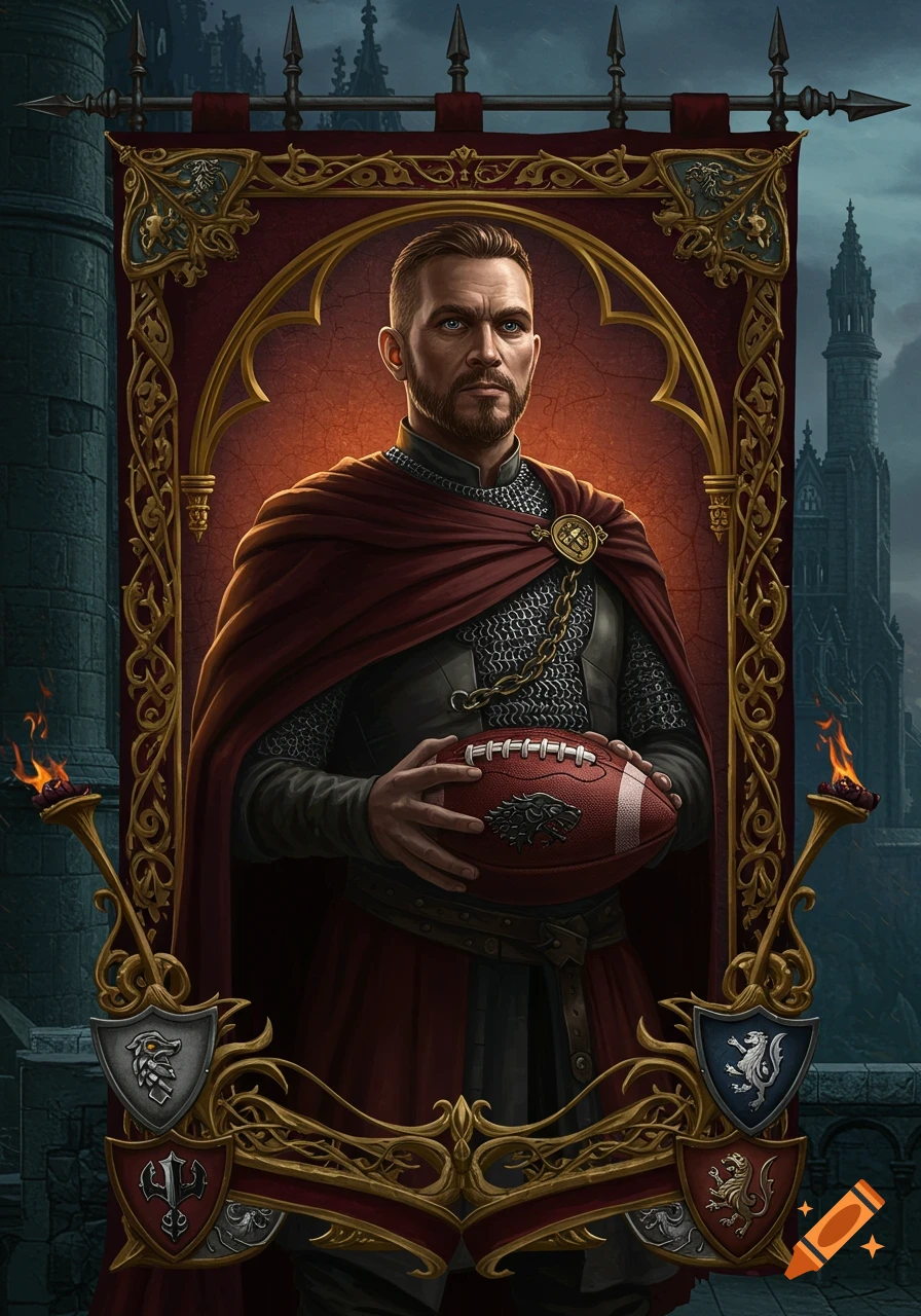 A fantasy portrait of a man in medieval armor and a red cape, holding a football, set against a dark castle background.