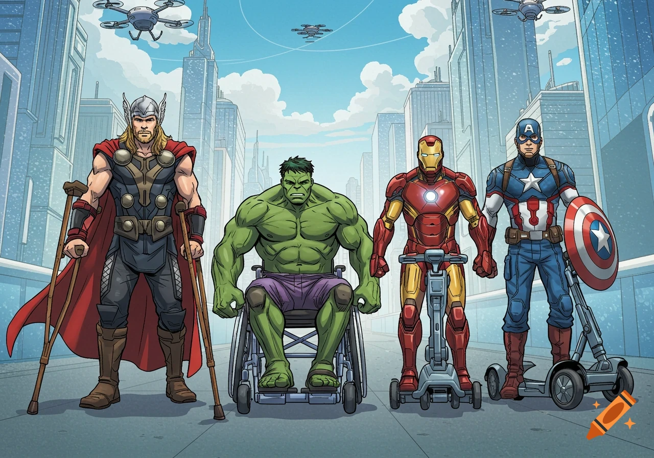 Comic art shows Thor with crutches, Hulk in wheelchair, Iron Man on scooter, Captain America with walker in a city street.