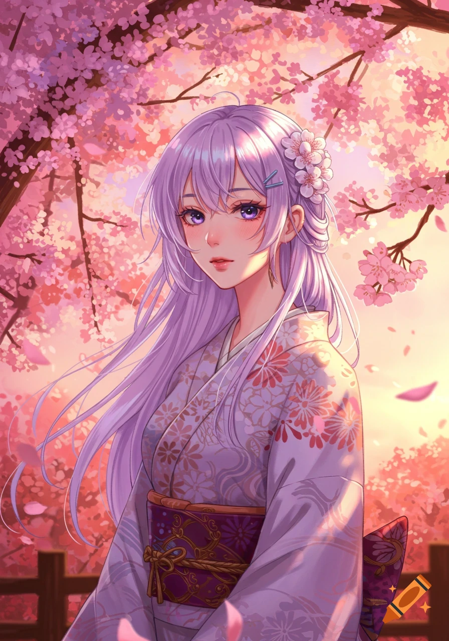 Anime woman with purple hair in a kimono under pink cherry blossoms at sunset.