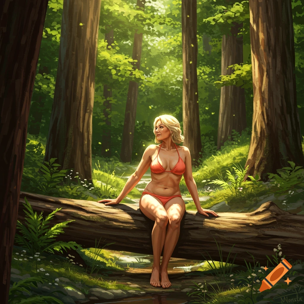 A digital painting of a blonde woman in an orange bikini, sitting on a fallen log in a sunlit forest.