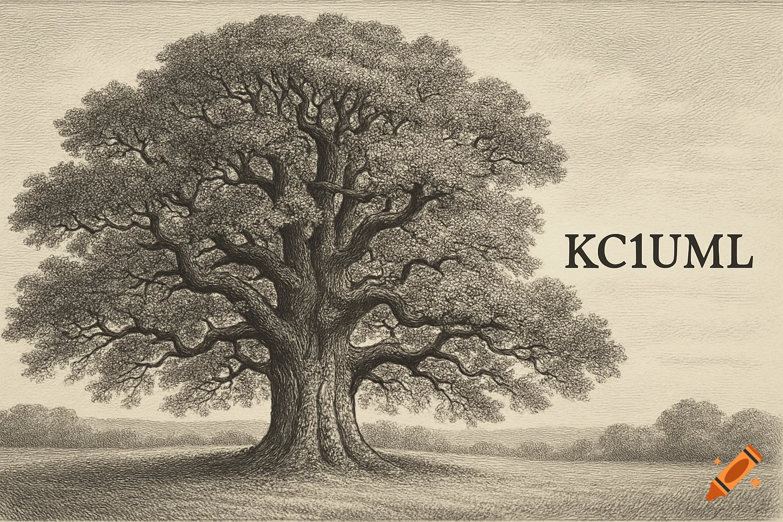 Autolithograph of a large oak tree in a field with text 'KC1UML' beside it.