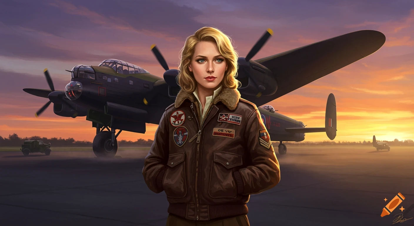 Blonde female British bomber pilot in jacket stands before a Lancaster plane on an airfield at sunrise in a realistic painting.