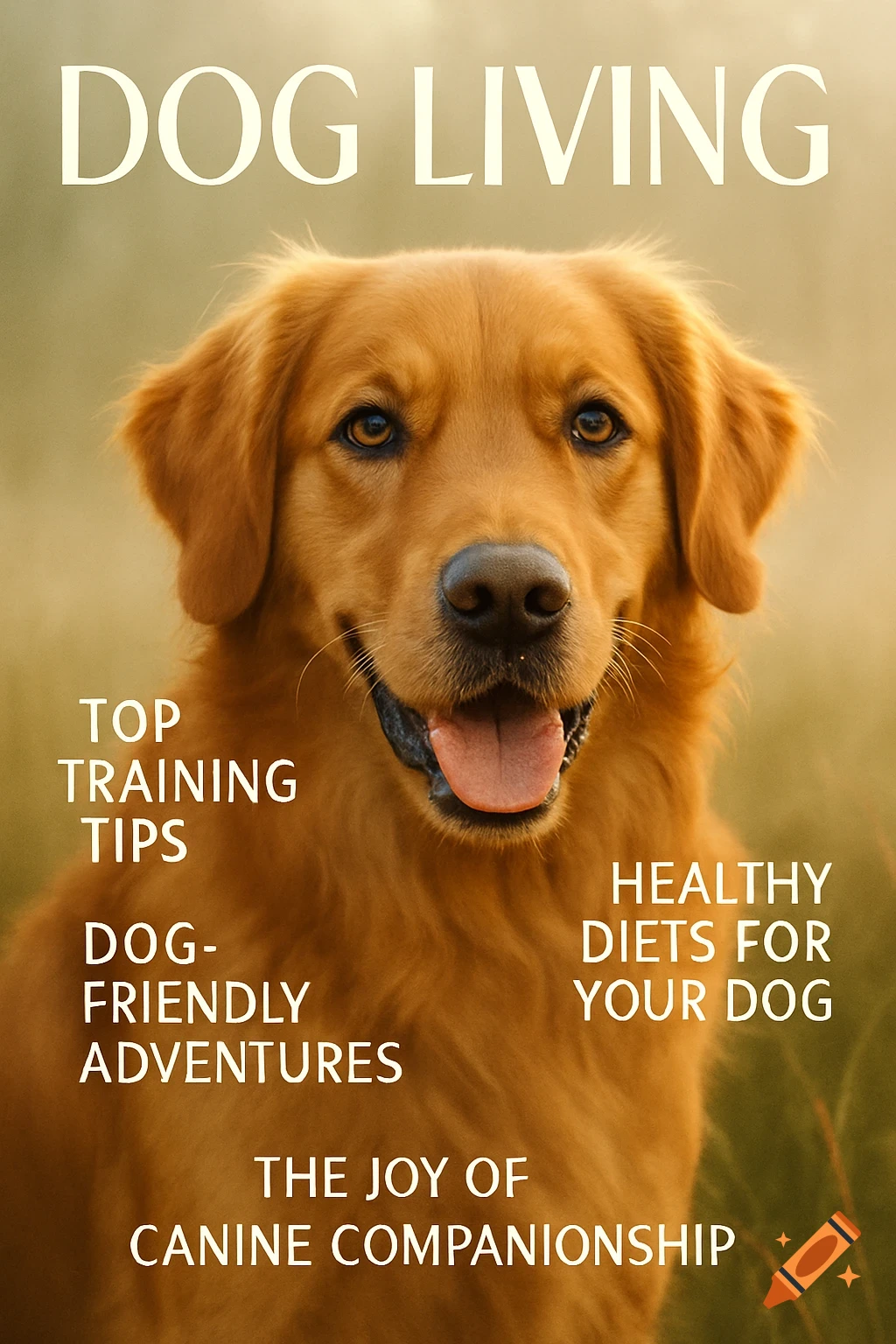 Photorealistic magazine cover featuring a smiling golden retriever with the title 'DOG LIVING' and article headlines.
