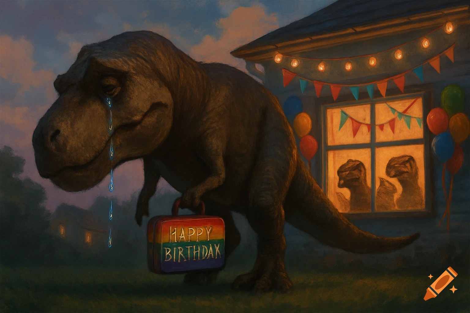A crying T-Rex carrying a rainbow 'Happy Birthday' suitcase walks away from a brightly lit house where raptors celebrate, in an illustrative style.