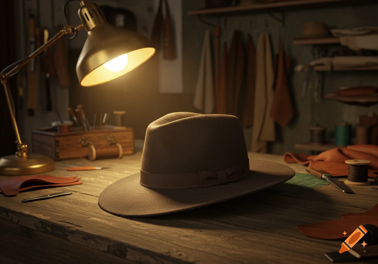 A brown fedora hat sits on a rustic wooden workbench under a bright desk lamp, surrounded by leathercrafting tools and materials in a workshop.