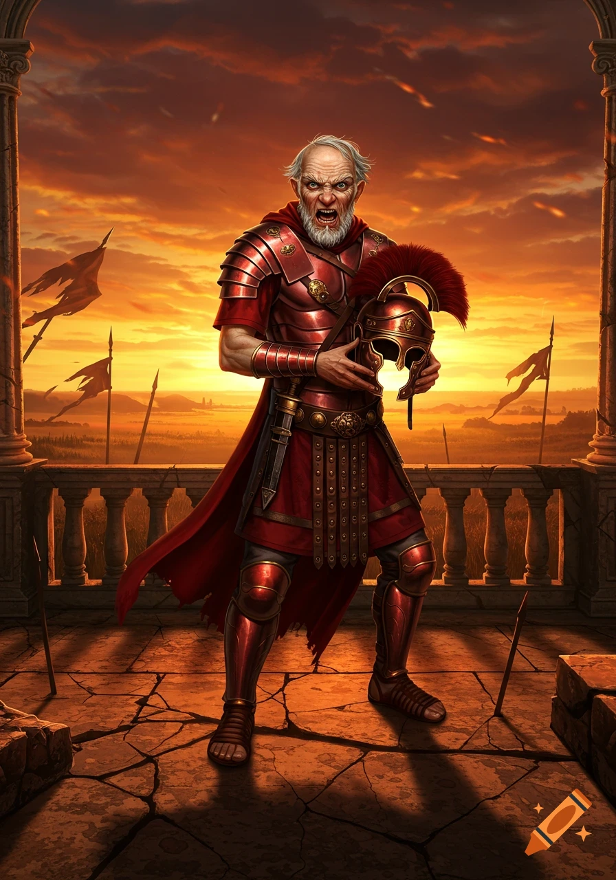 An enraged old man in red Roman armor holds a helmet on a cracked stone balcony at sunset.