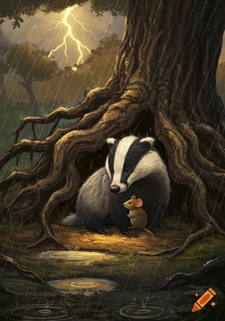 Illustrative image of a badger and a mouse sheltering under a large tree during a thunderstorm with lightning.
