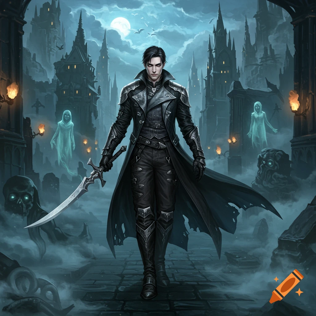 Dark-haired man in black trench coat and sword on a cobblestone path before a gothic castle under a full moon, with misty ghosts.