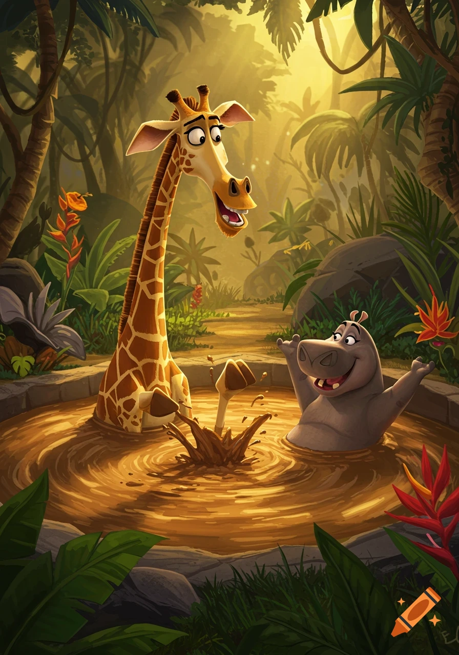 A cartoon giraffe and a hippo splash playfully in a mud bath in a sunny jungle, animated style.