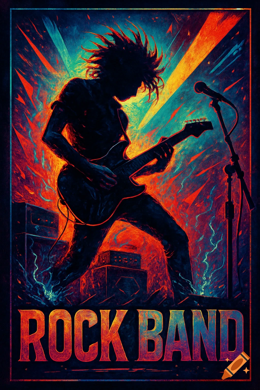 Vibrant poster of a silhouetted guitarist on stage with an explosive background. Text: ROCK BAND.
