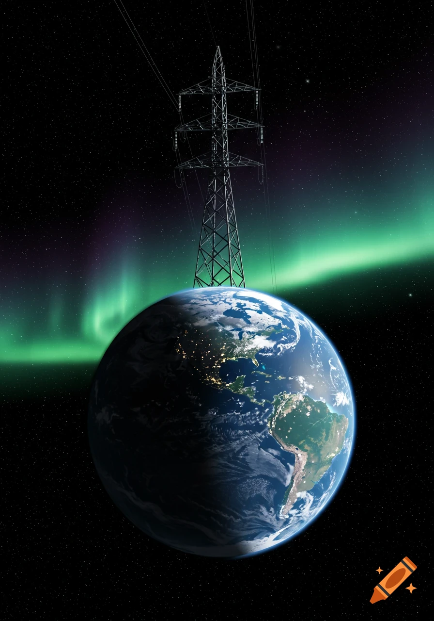 Earth and an electric pylon under a vibrant aurora in a starry space. Photorealistic.