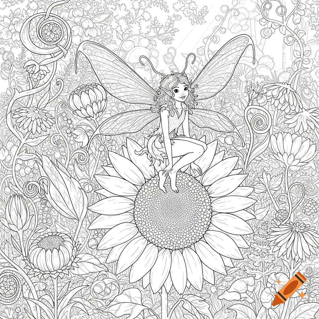 A coloring book line art drawing of a fairy sitting on a sunflower in a garden with other flowers and plants.