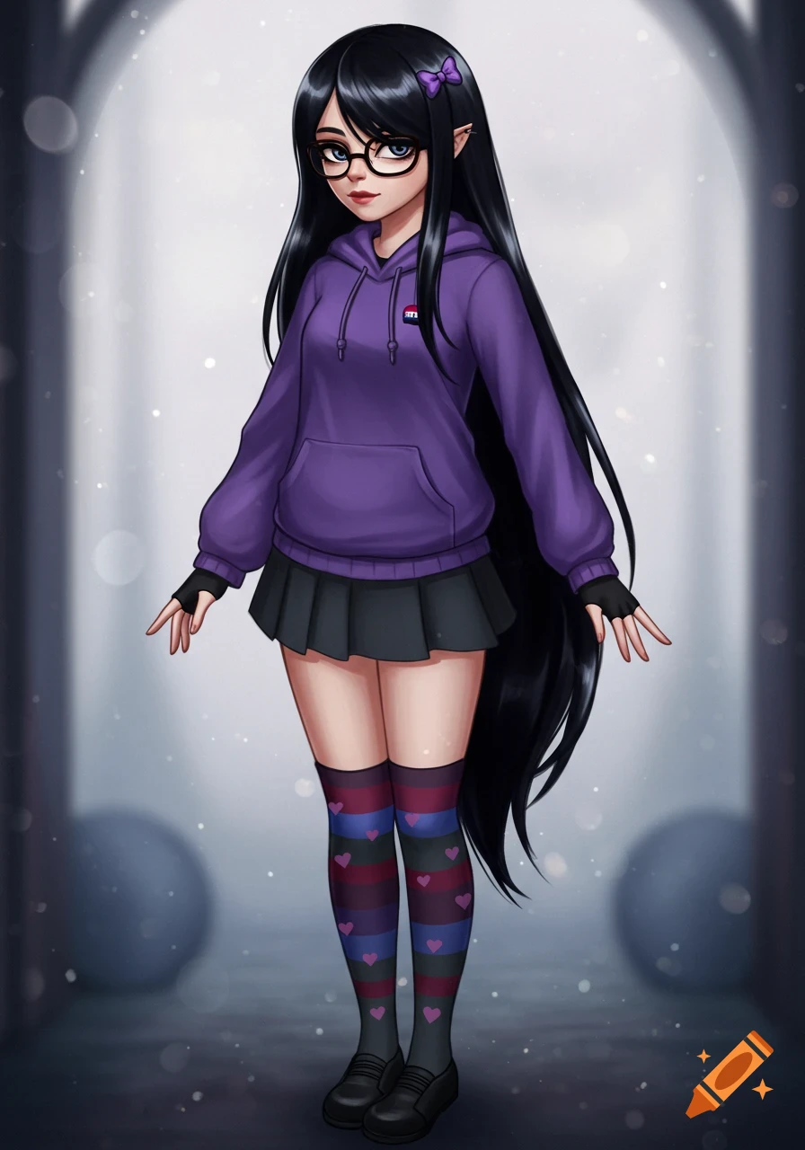 Anime girl with long black hair, pointed ears, glasses, purple hoodie, dark grey skirt, and striped heart socks.