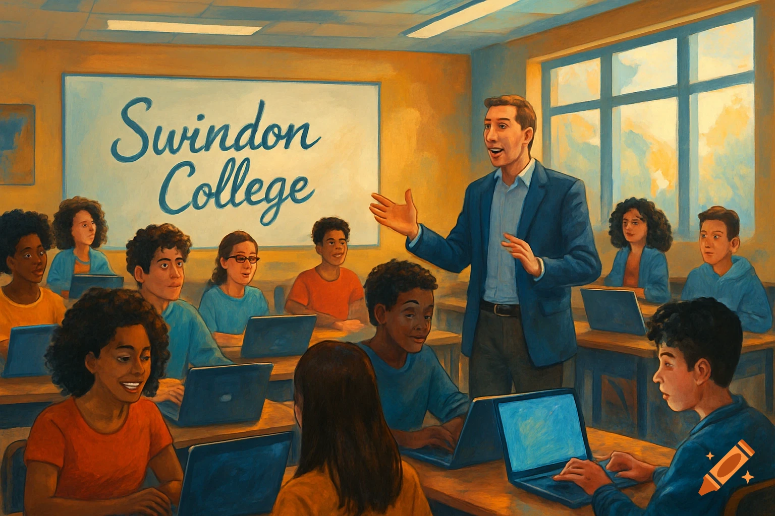 An illustrative painting of a diverse group of students with laptops in a classroom, listening to a male teacher in front of a whiteboard that reads 'Swindon College'.
