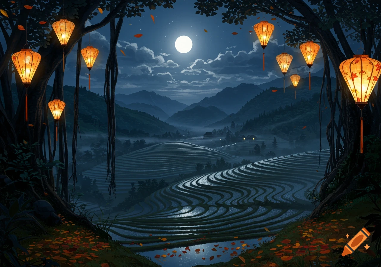A beautiful digital painting of a moonlit night over terraced rice paddies, framed by trees with glowing orange lanterns and scattered autumn leaves.