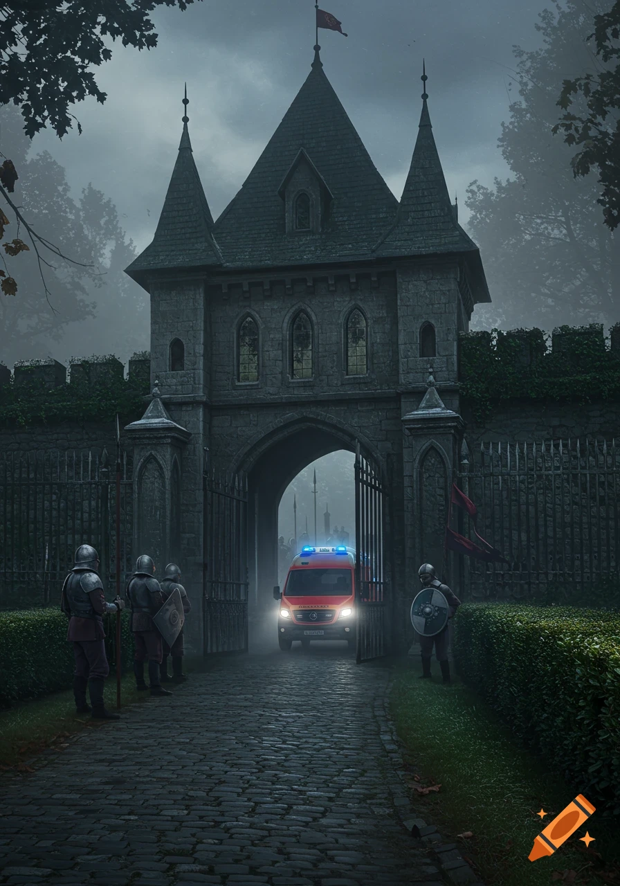 A red ambulance with flashing blue lights drives through a medieval castle gate, while armored guards stand by on a misty cobblestone path.