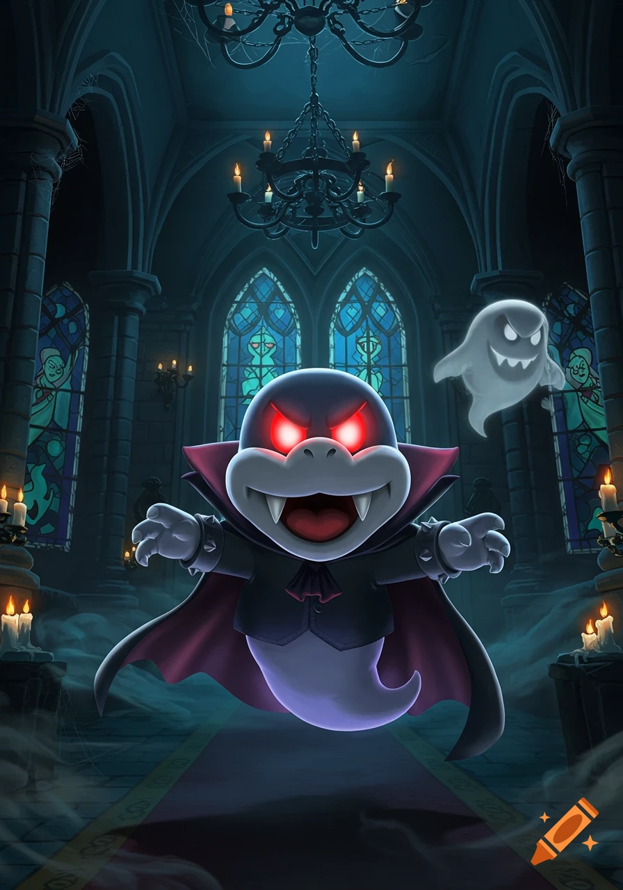A cartoon vampire ghost Koopa with glowing red eyes flies in a dark gothic castle with a white ghost.