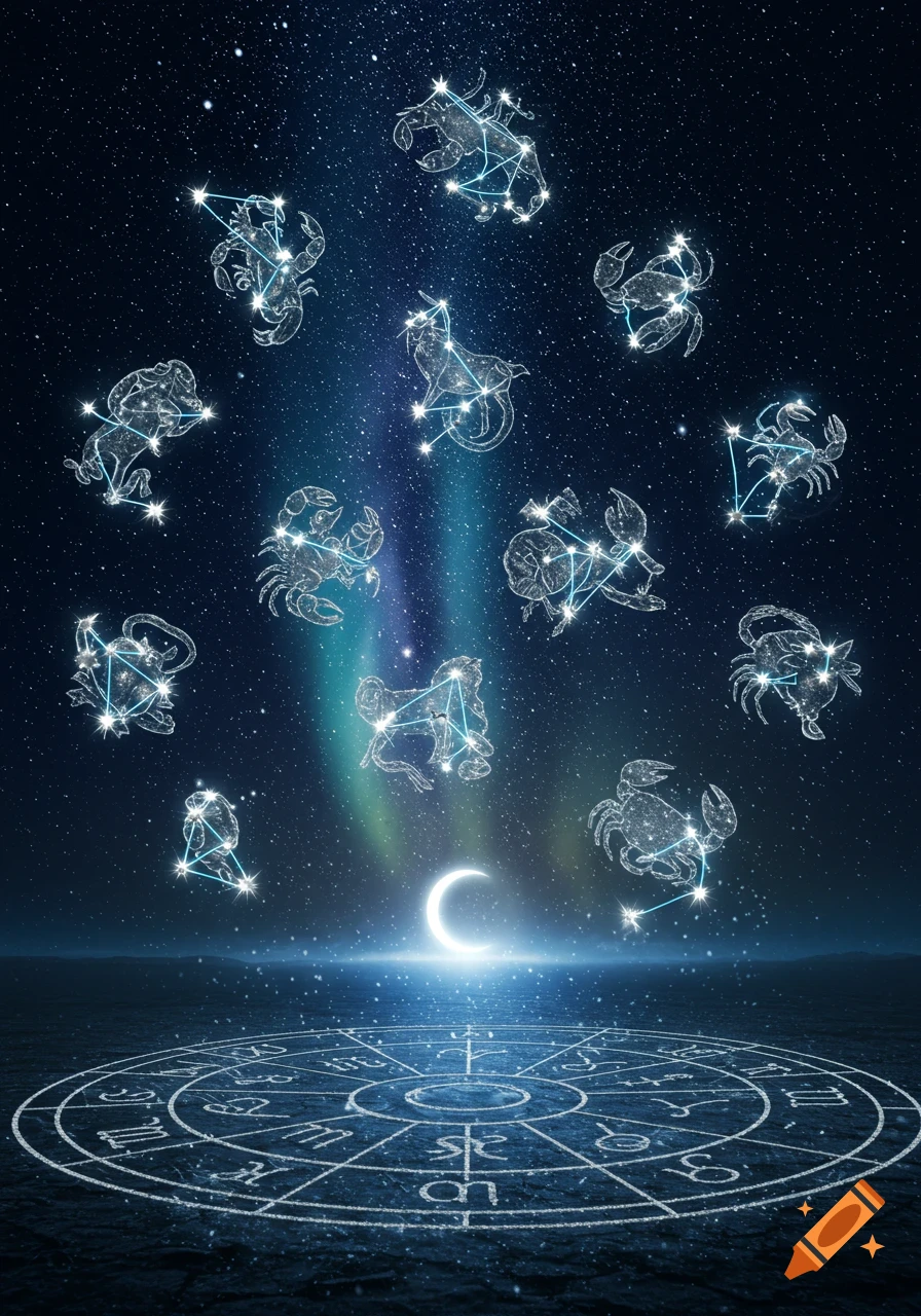 A night sky with glowing zodiac constellations, a crescent moon, and a stylized zodiac wheel on the ground.