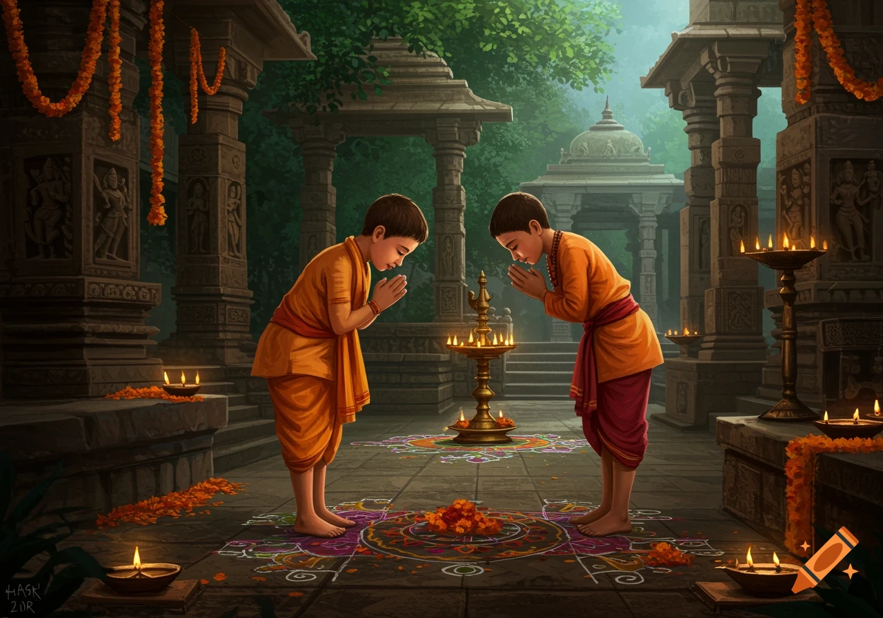 Two Hindu boys in traditional orange and red attire bowing in a temple courtyard adorned with marigold garlands, lit oil lamps, and rangoli patterns.