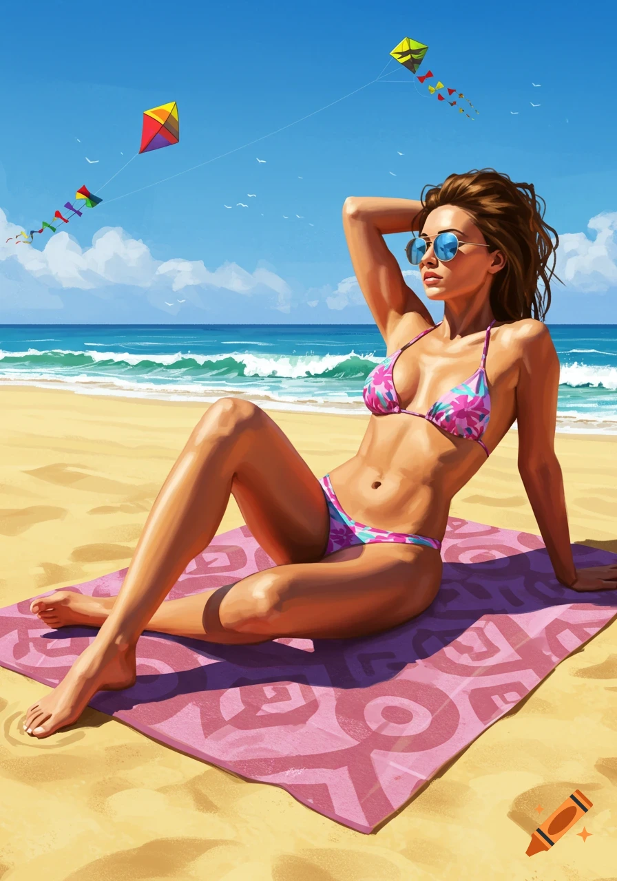 A woman in a floral bikini relaxes on a pink towel on a sunny beach, with kites flying in the blue sky. Digital art.