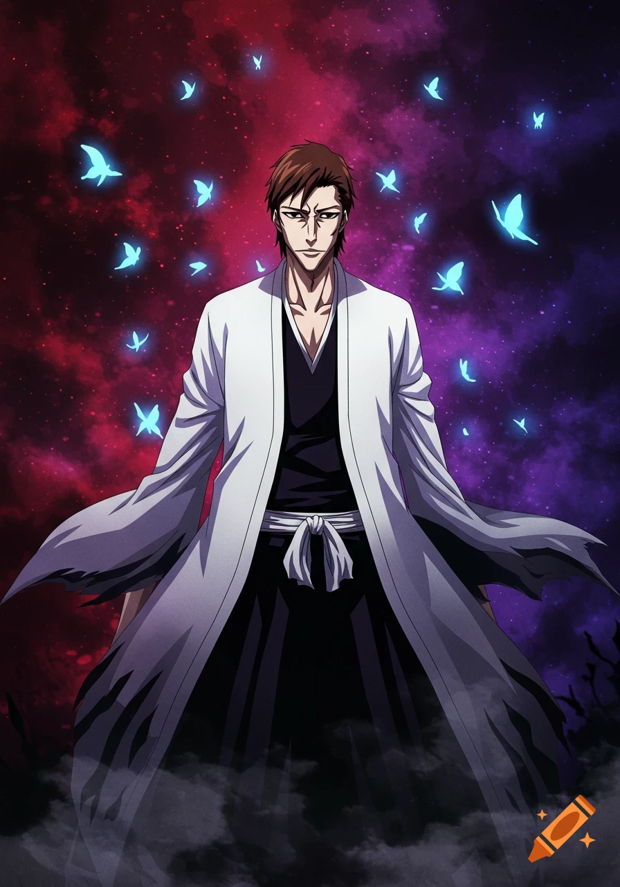 Anime-style illustration of Aizen Sosuke in a white coat against a swirling red and purple cosmic background with glowing blue butterflies.