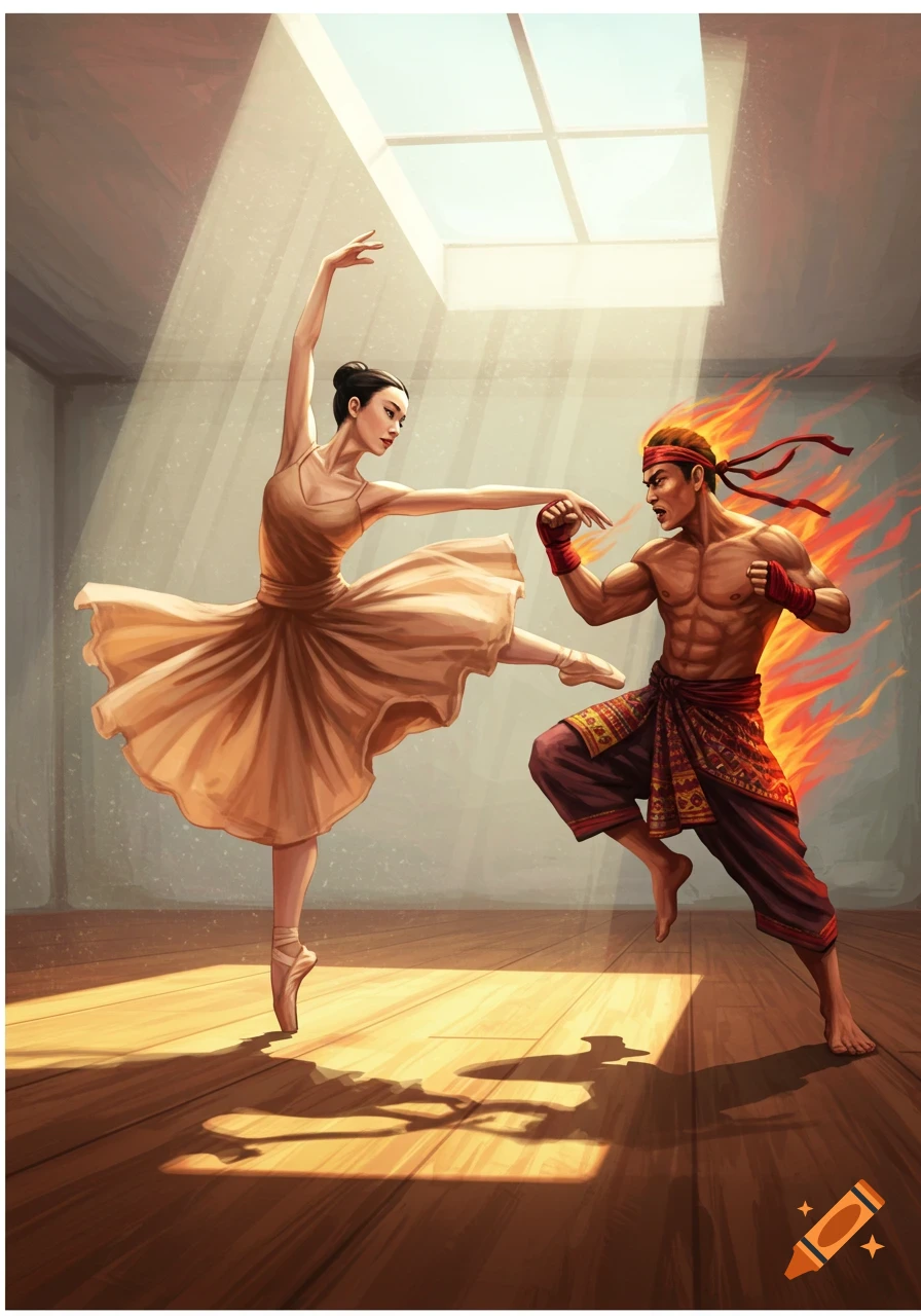 A ballerina in a flowing dress and a fiery martial artist face off in a sunlit studio with wooden floors.