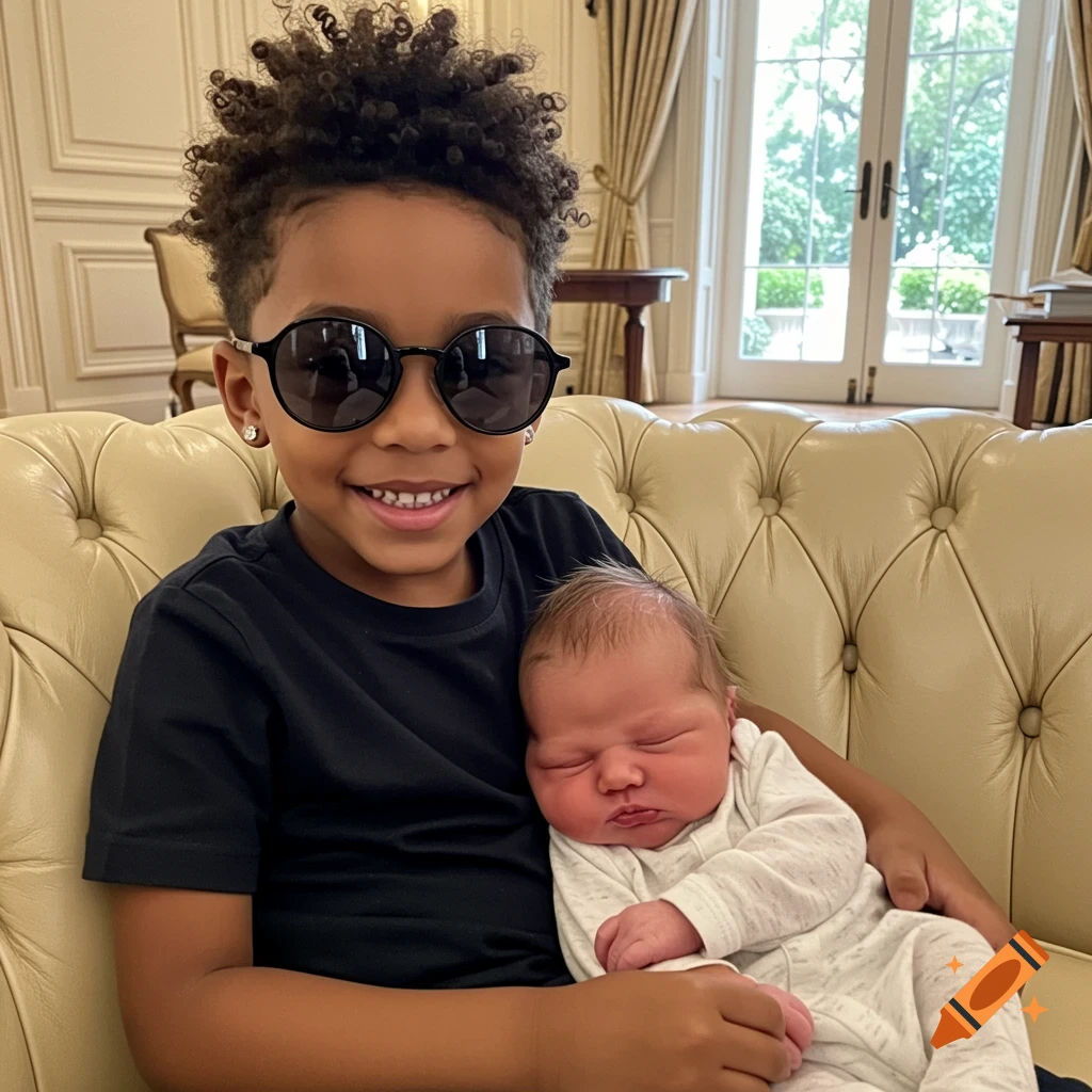 A young boy with sunglasses and curly hair holds a sleeping newborn baby on a beige couch in a luxurious room.