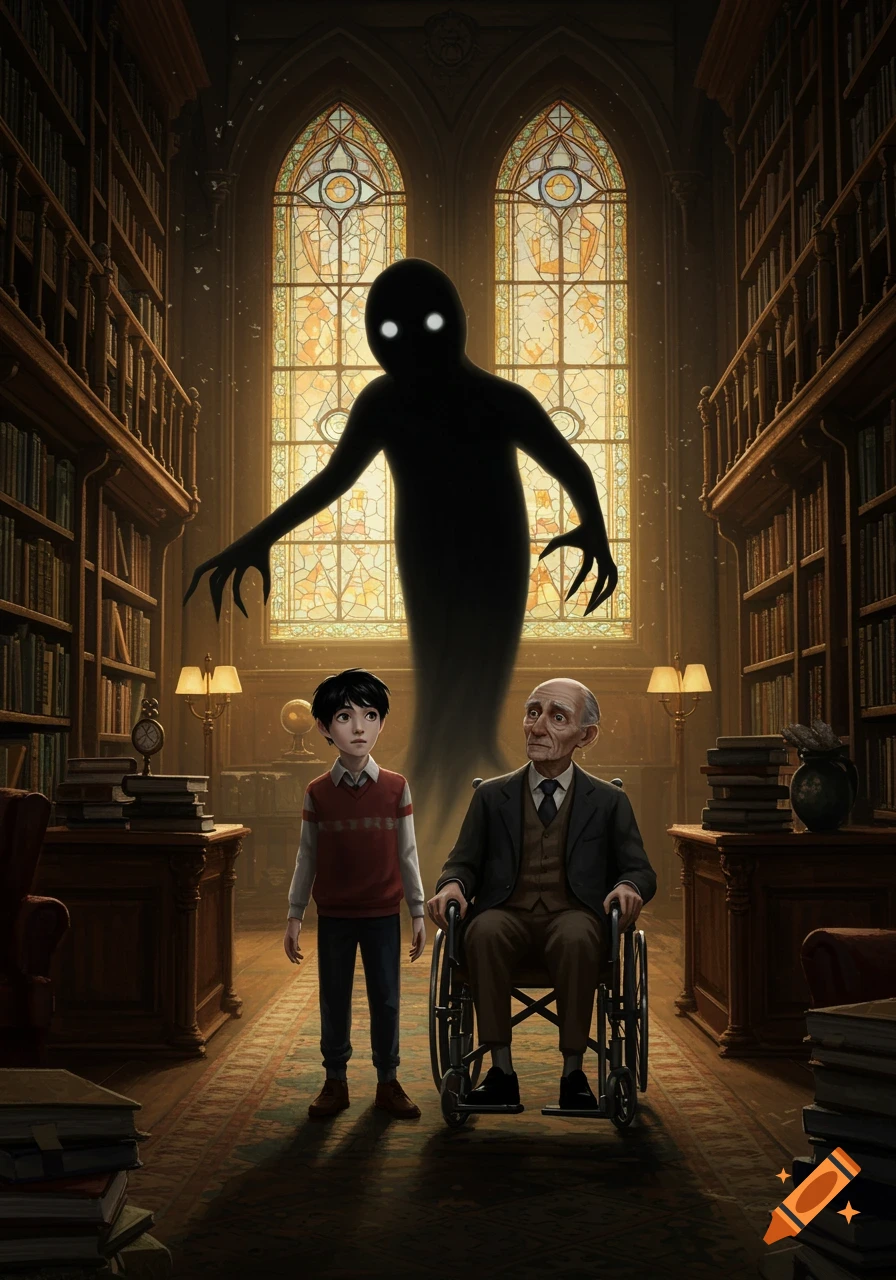 A young boy and an old man in a wheelchair in a grand library, a large black shadow monster looms behind them by stained glass windows.