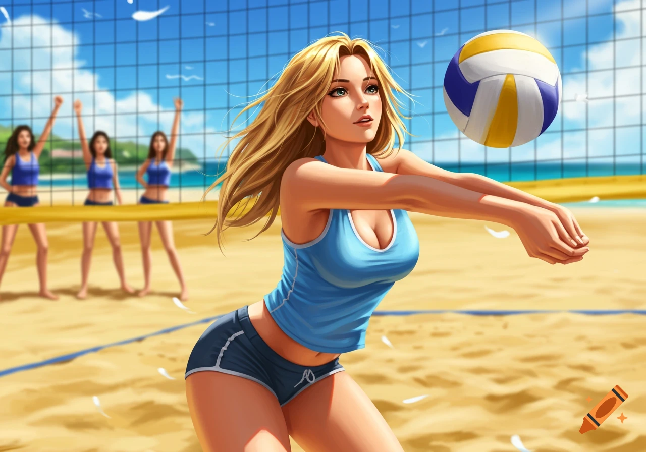 An illustrated blonde woman in a blue tank top and shorts plays volleyball on a sunny beach court.