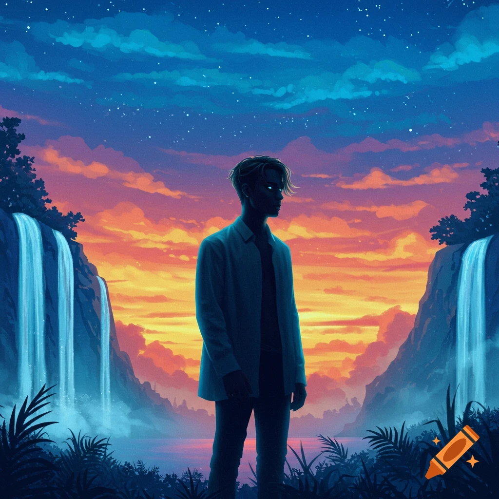 A person stands in a vibrant fantastical landscape with two waterfalls and a colorful sunset/sunrise sky.