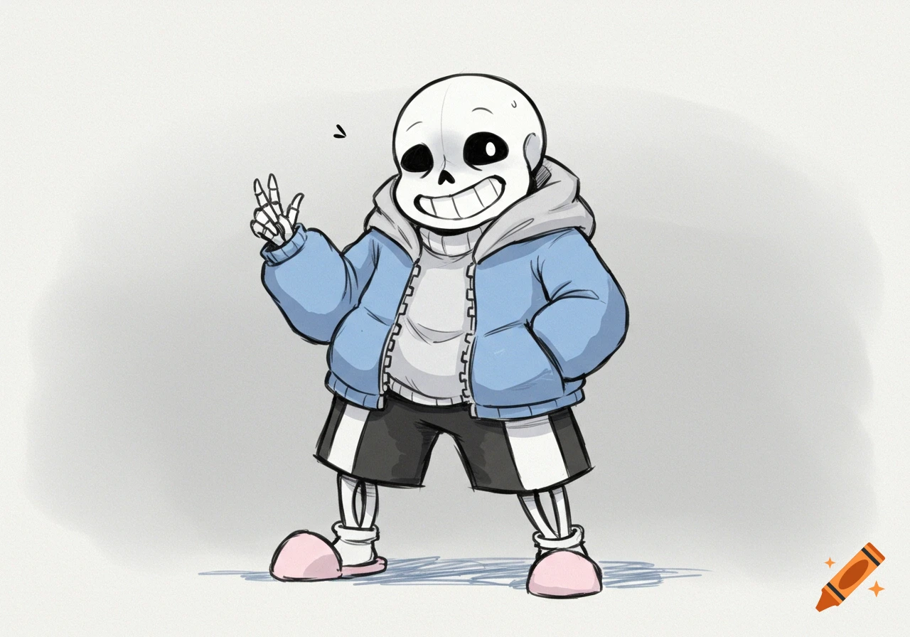 A cartoon drawing of Sans the Skeleton from Undertale, wearing a blue jacket, black shorts, and pink slippers, giving a peace sign.