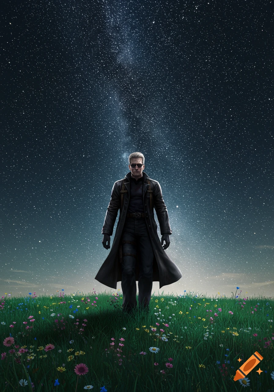 Albert Wesker in a black trench coat and sunglasses stands in a vibrant flower field under a majestic starry night sky.