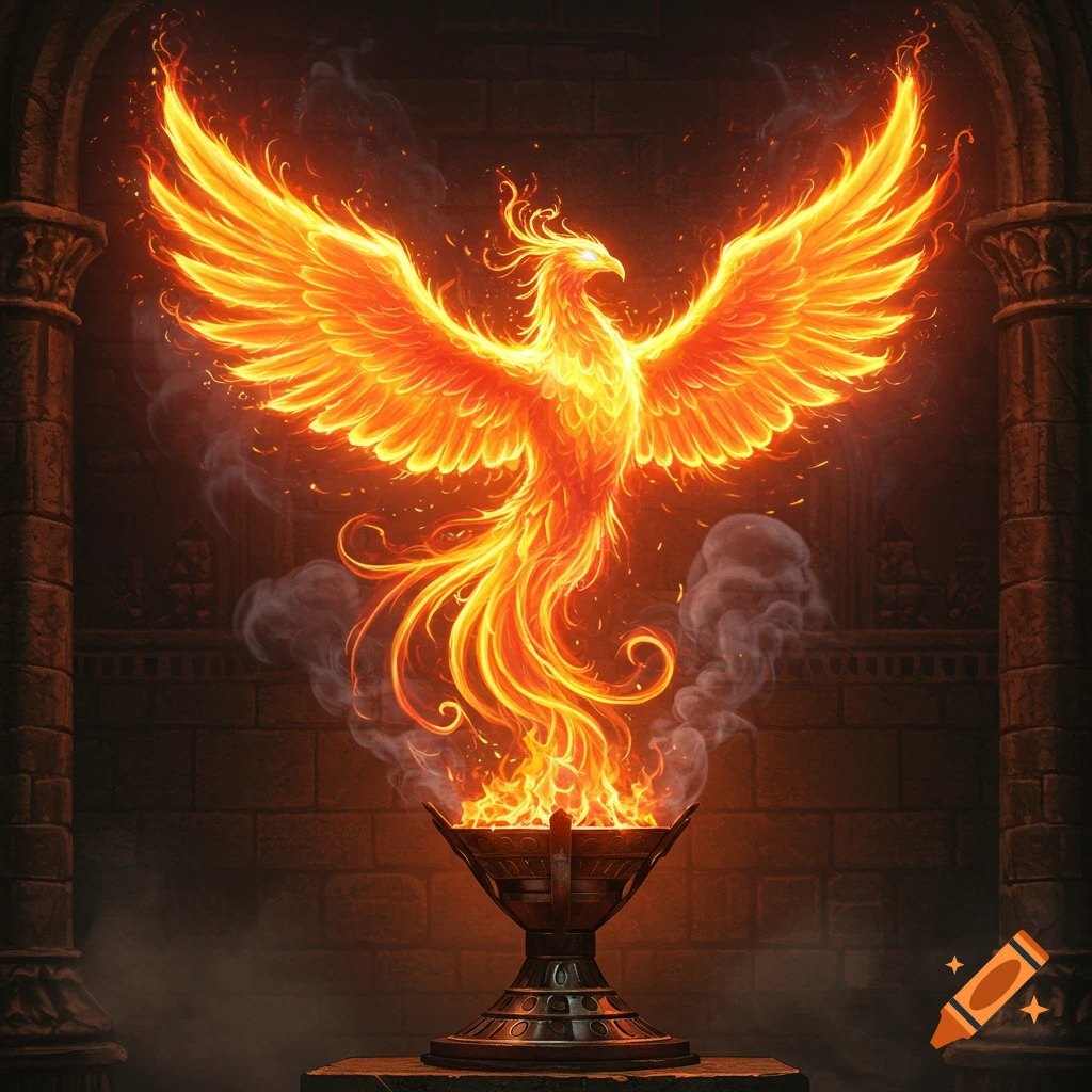 A vibrant, fiery phoenix with outstretched wings rises from a burning metal brazier in a dark, stone chamber.