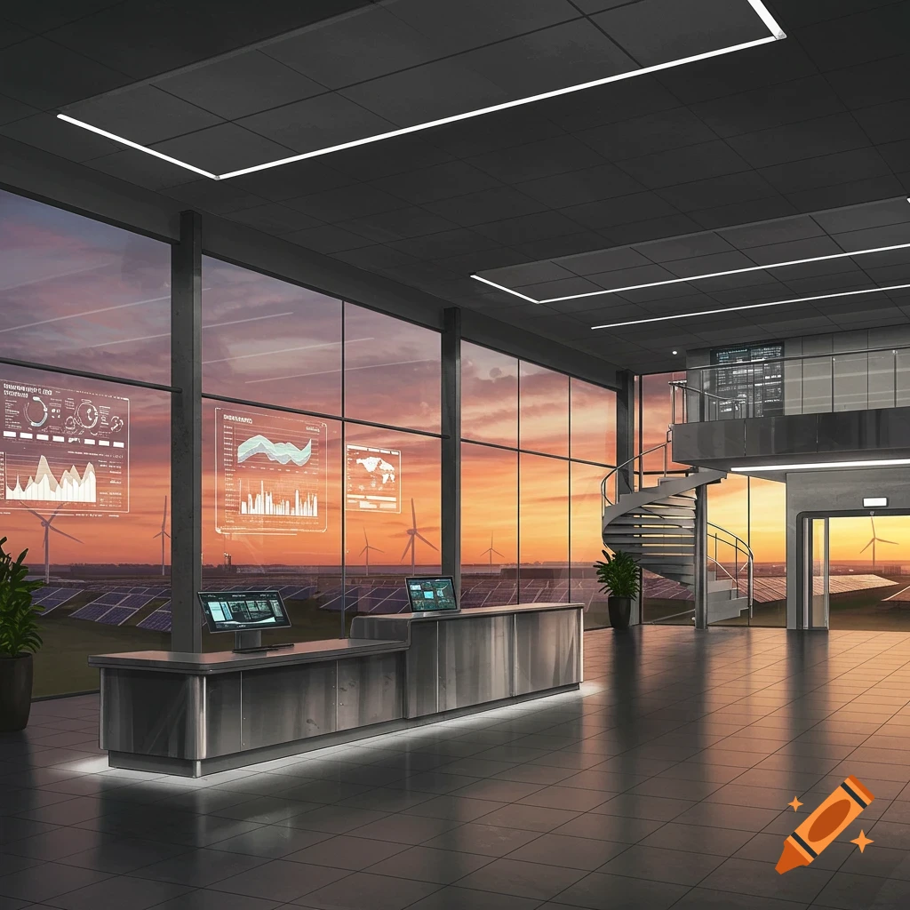 A modern lobby with large windows overlooking a field of solar panels and wind turbines at sunset. A reception desk and a spiral staircase are visible.