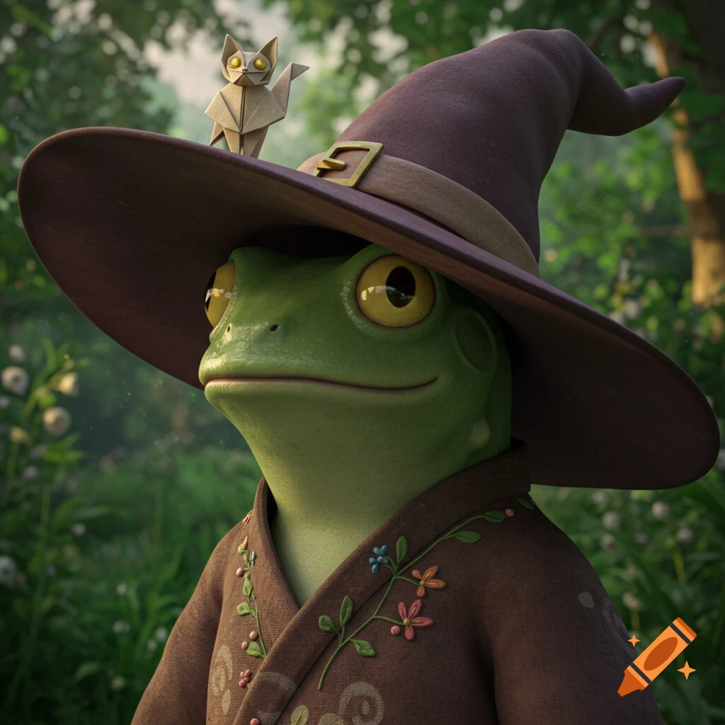 A Ghibli-style humanoid frog in a brown witch hat with a small origami cat on top, wearing an embroidered robe in a green forest.