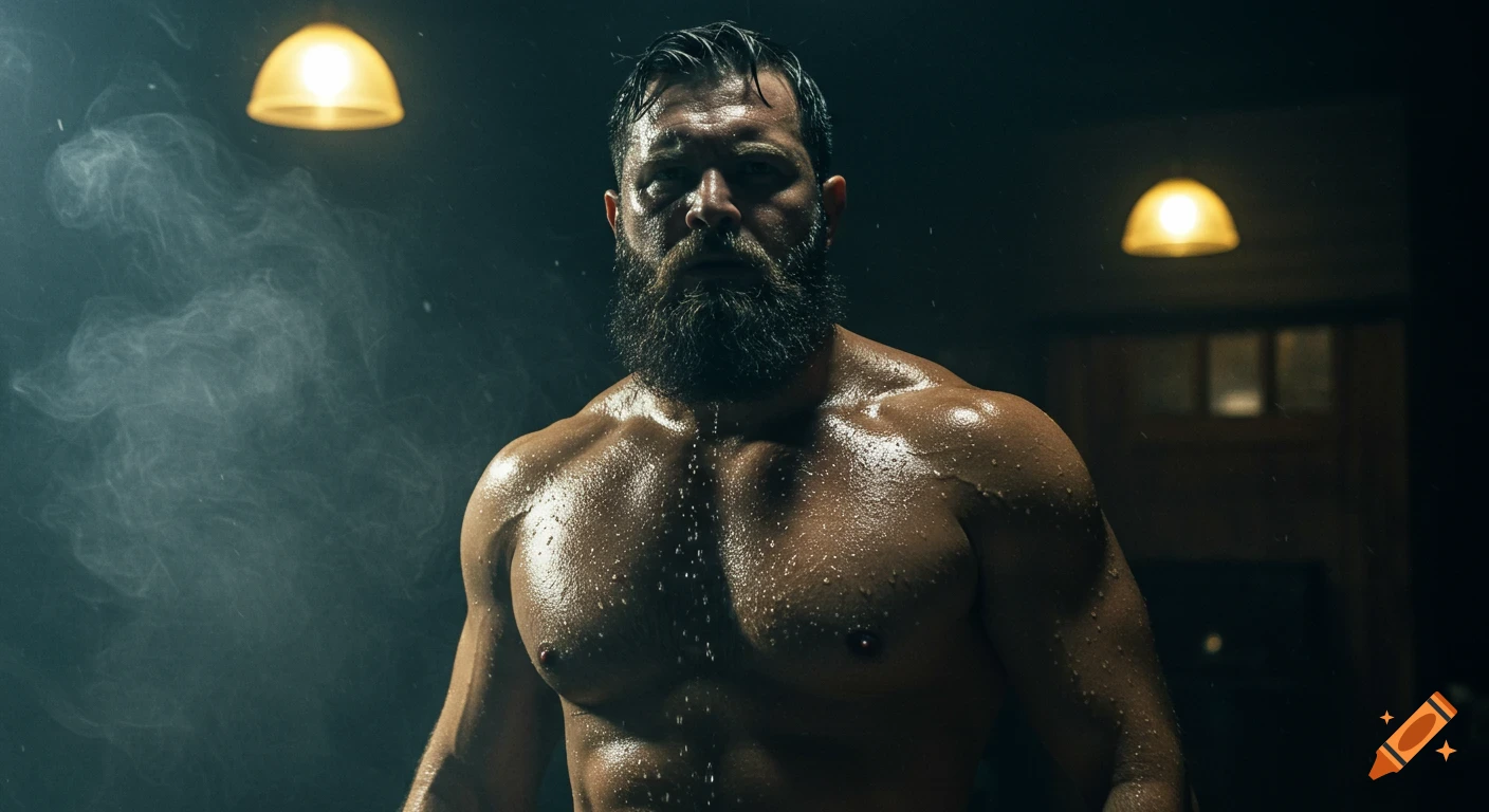 Muscular, bearded man with wet bare chest, dramatically lit in a dark, smoky room.