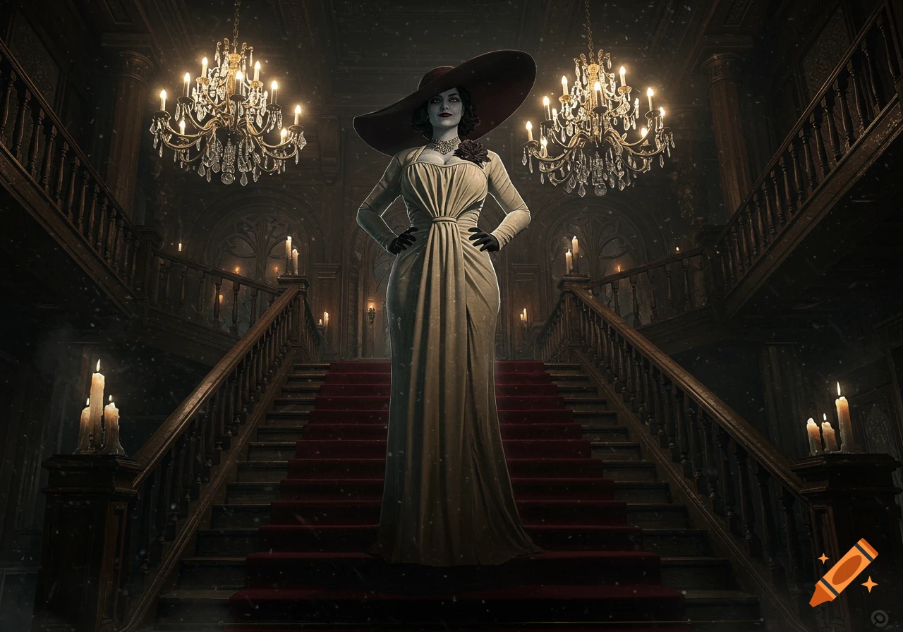 Lady Dimitrescu in a long white dress and wide-brimmed hat stands on a red-carpeted grand staircase in a gothic mansion, illuminated by chandeliers.