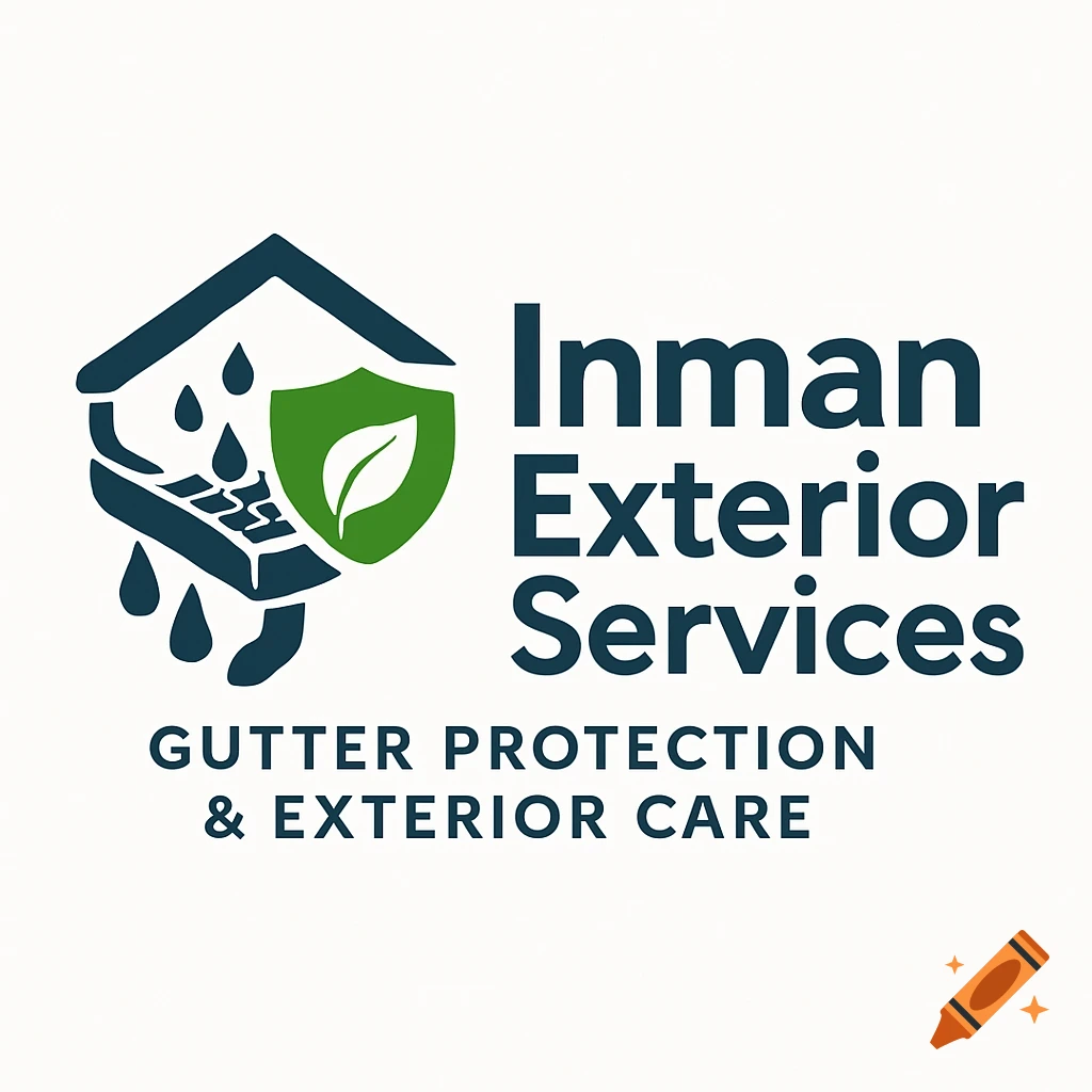 Logo for Inman Exterior Services with a roof and gutter icon, green leaf shield, and company name.