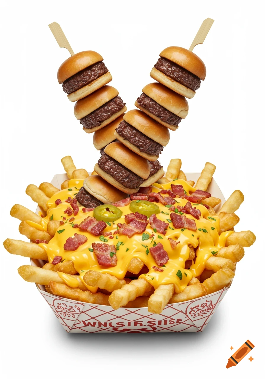 Photorealistic loaded fries with melted cheese, bacon, jalapenos, and two skewers of mini burgers in a paper tray.