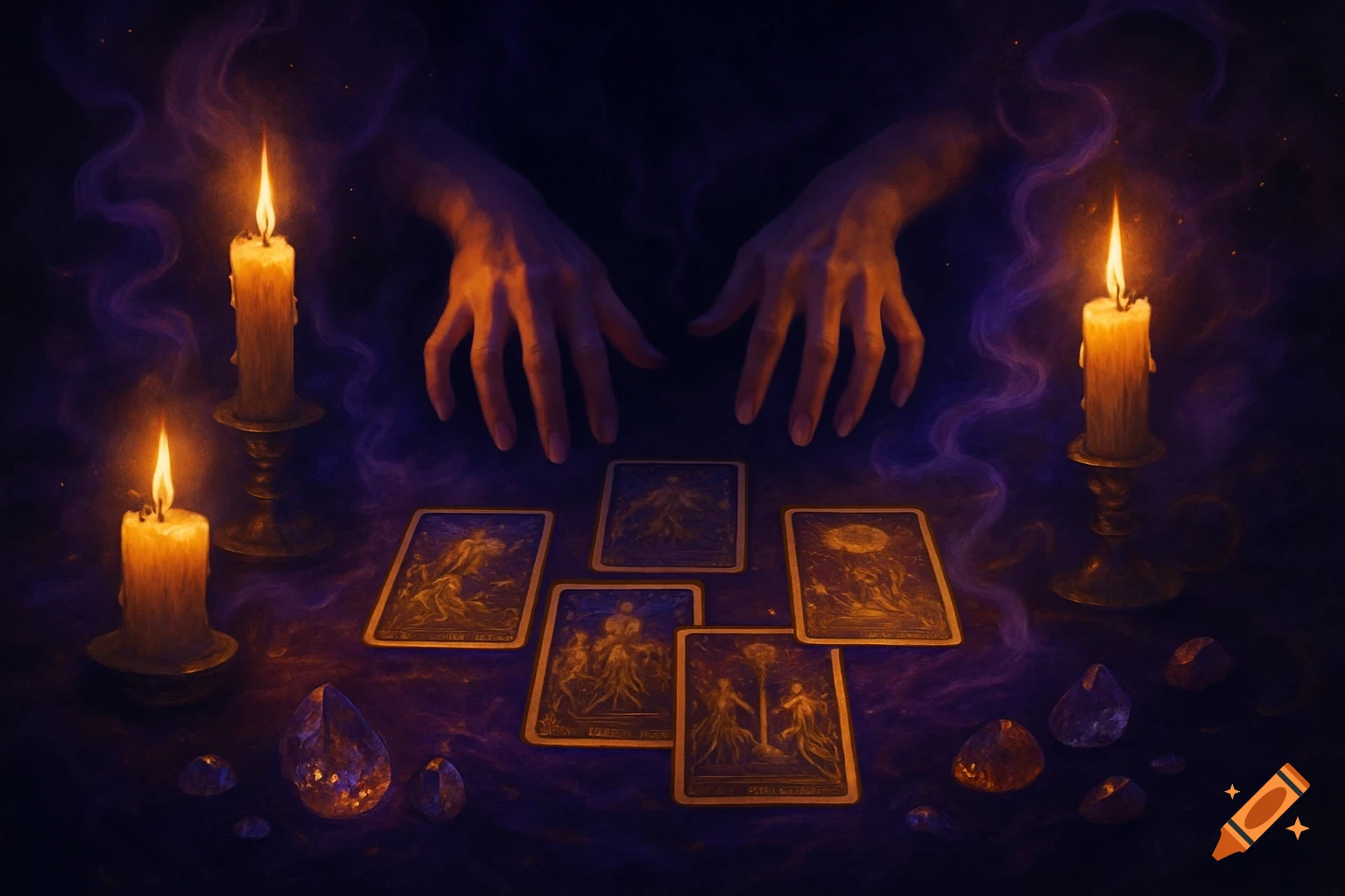Hands hover over a glowing tarot card spread, surrounded by flickering candles, purple smoke, and shimmering crystals in a dark, mystical setting.