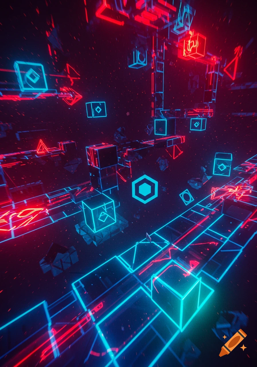 A dark, futuristic environment with glowing blue and red geometric shapes forming platforms and obstacles, resembling a video game level.