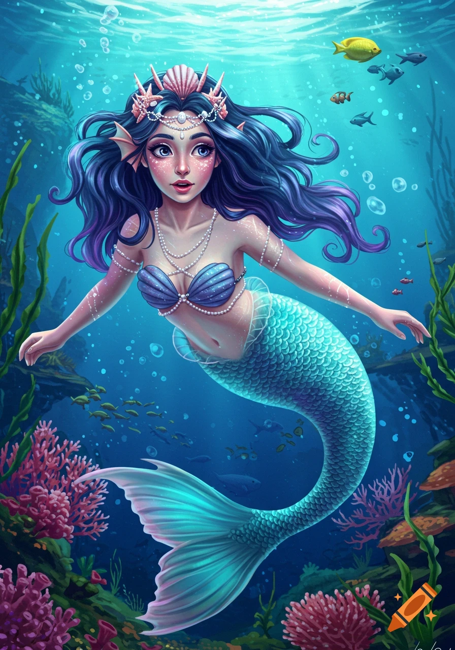 A cartoon mermaid with purple hair, a seashell crown, and a blue-green tail swims in a vibrant coral reef among fish.