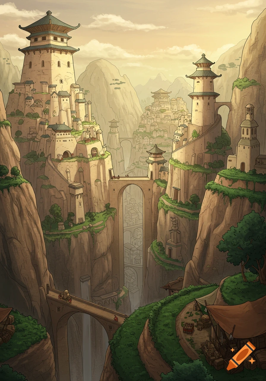 Stylized cartoon of the city of Omashu from Avatar the Last Airbender, built into towering canyons with connecting bridges.