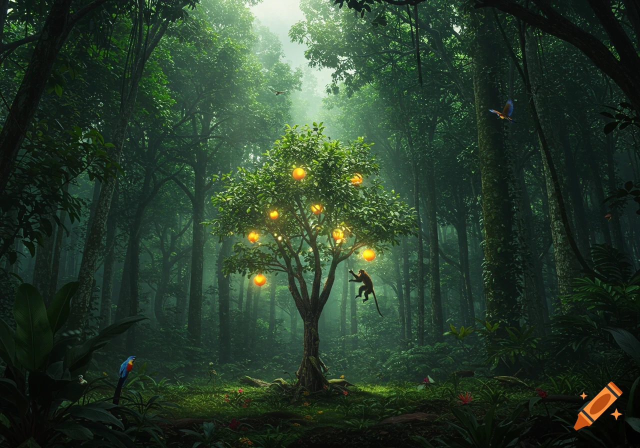 A monkey reaches for glowing fruit on a tree in a lush, foggy jungle, with birds flying nearby. Photorealistic style.