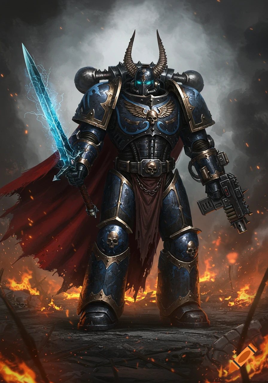 A heavily armored Chaos Space Marine in dark blue and gold armor with a red cape, holding a glowing blue power sword and a large gun, standing amidst flames.